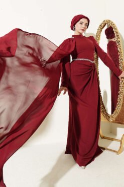 Belted Detail Cape Evening Gown Burgundy