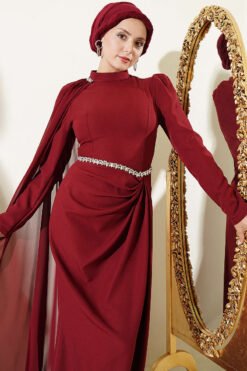 Alternative view of Belted Detail Cape Evening Gown Burgundy