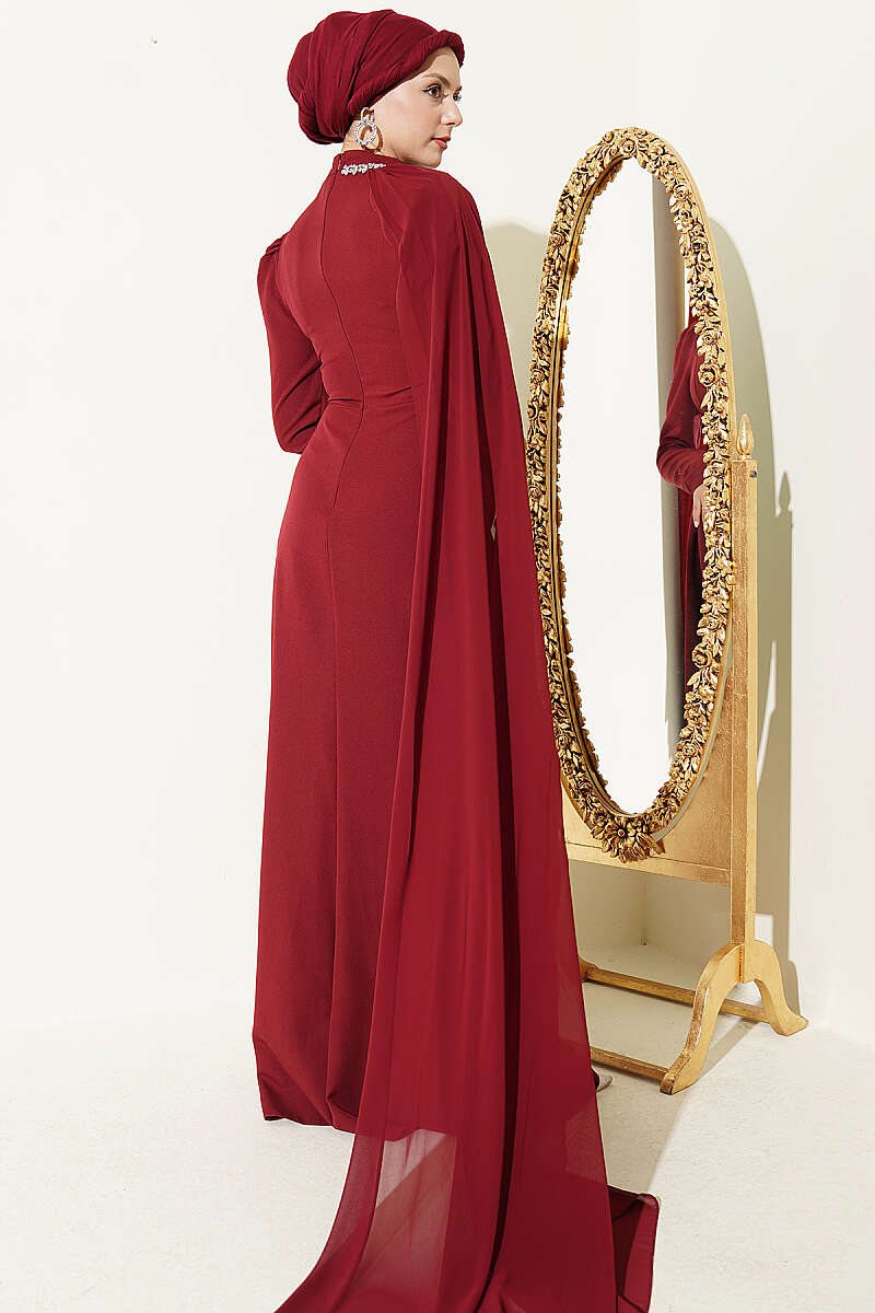 Belted Detail Cape Evening Gown Burgundy – Bild 3
