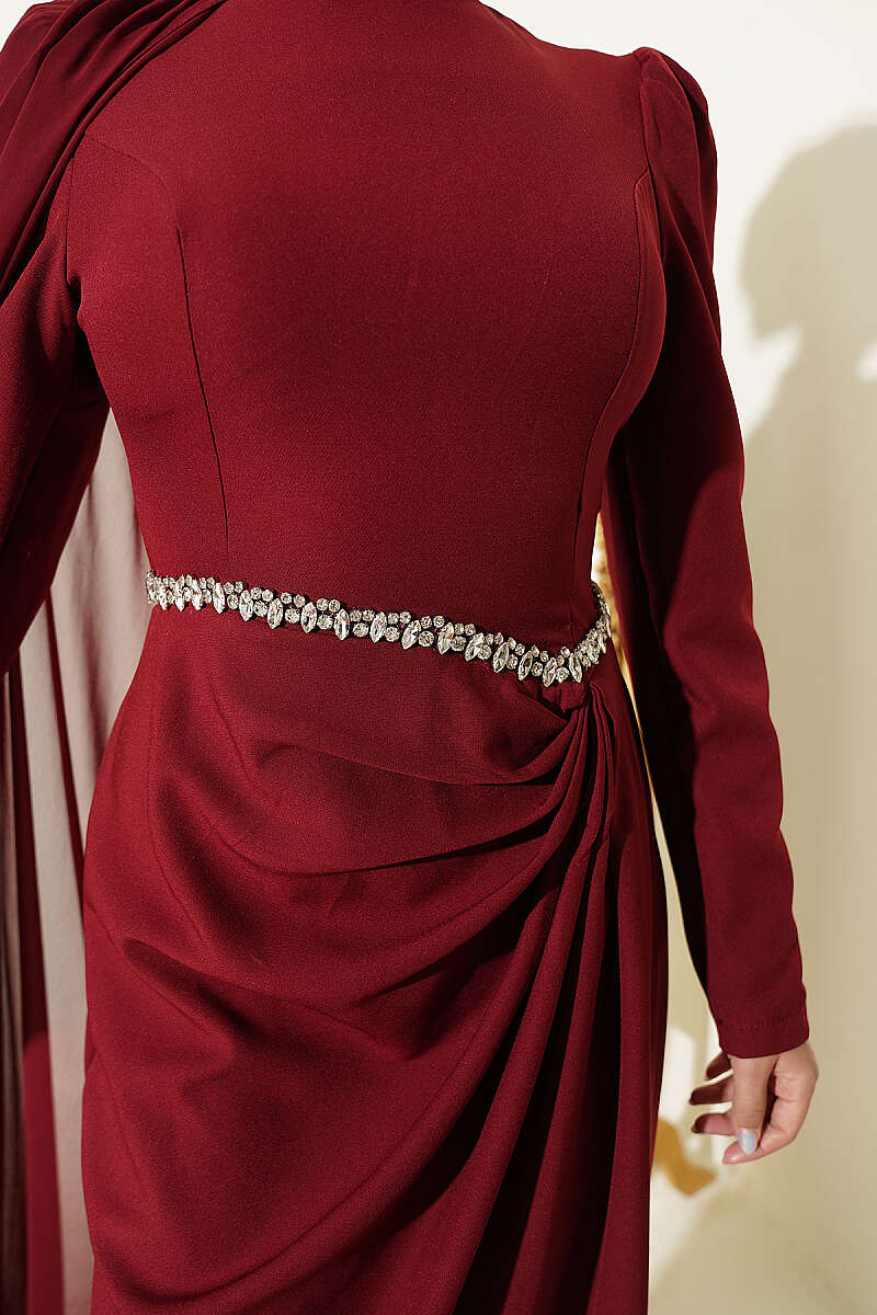 Belted Detail Cape Evening Gown Burgundy – Bild 4