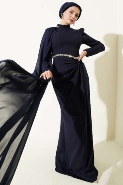 Belted Detail Cape Evening Gown Navy Blue