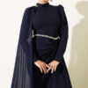 Belted Detail Cape Evening Gown Navy Blue - Afbeelding 2
