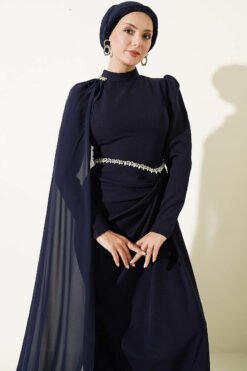 Alternative view of Belted Detail Cape Evening Gown Navy Blue