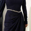 Belted Detail Cape Evening Gown Navy Blue - Afbeelding 4