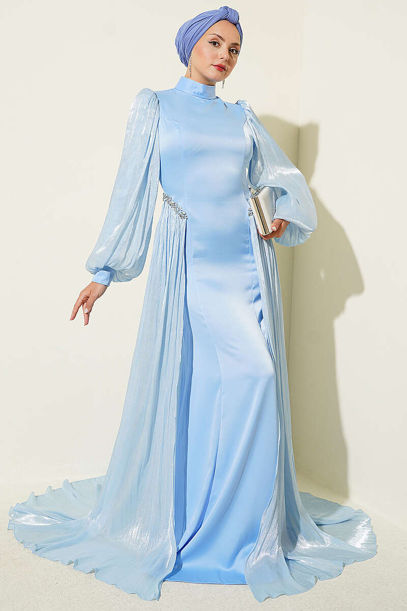 Belted Cape Evening Dress Blue
