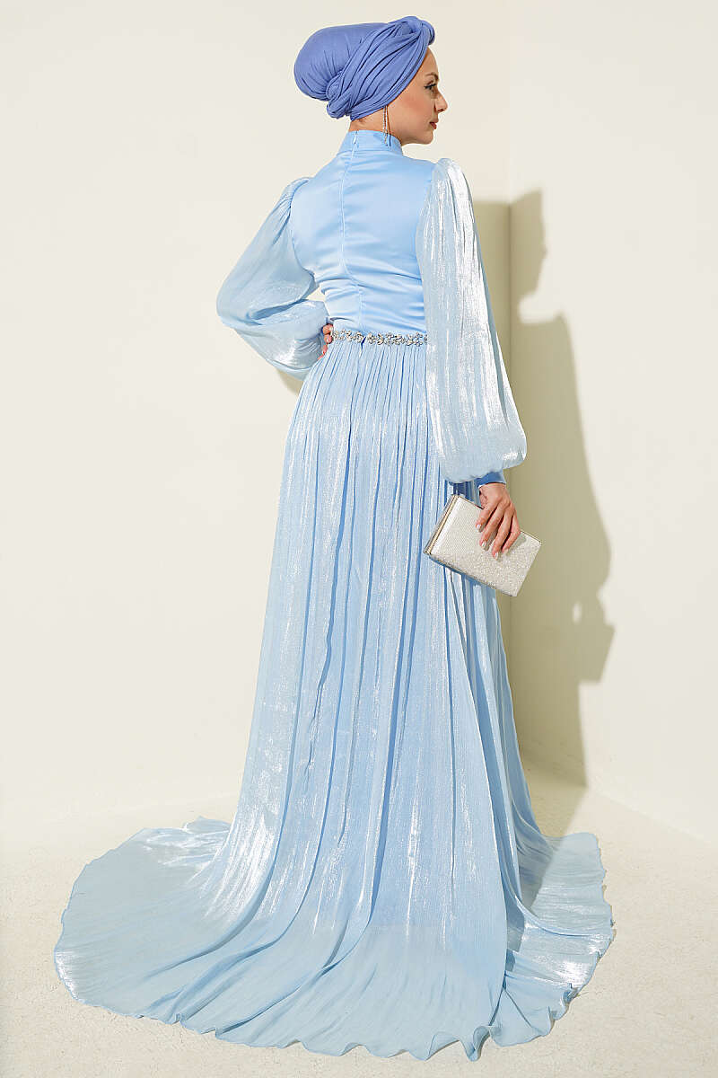 Belted Cape Evening Dress Blue – Image 3