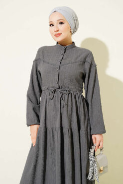 Alternative view of Belted Buttoned Tree Bark Dress Smoke
