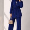 Belted Buttoned Two-Piece Set Navy Blue