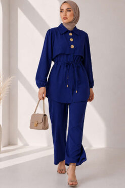 Alternative view of Belted Buttoned Two-Piece Set Navy Blue