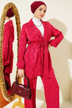 Alternative view of Belted Jacquard Pattern Two-Piece Set Burgundy