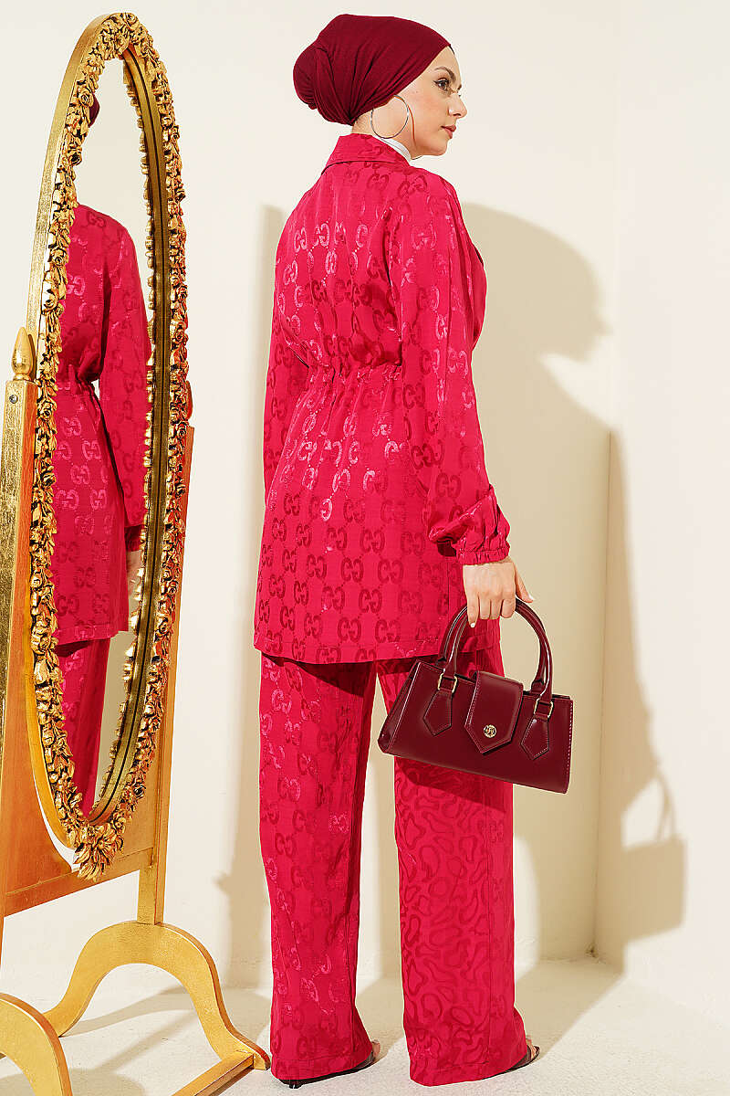 Belted Jacquard Pattern Two-Piece Set Burgundy - Image 3