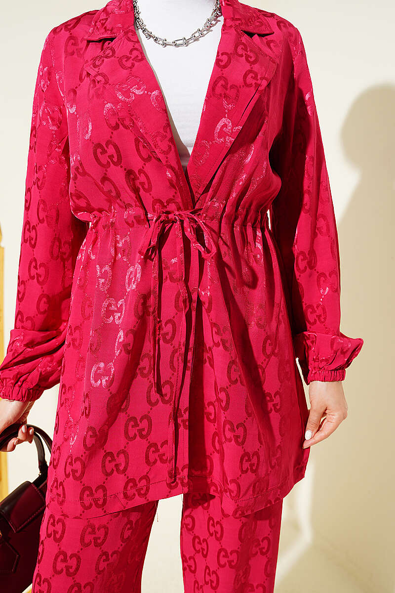 Belted Jacquard Pattern Two-Piece Set Burgundy - Image 4