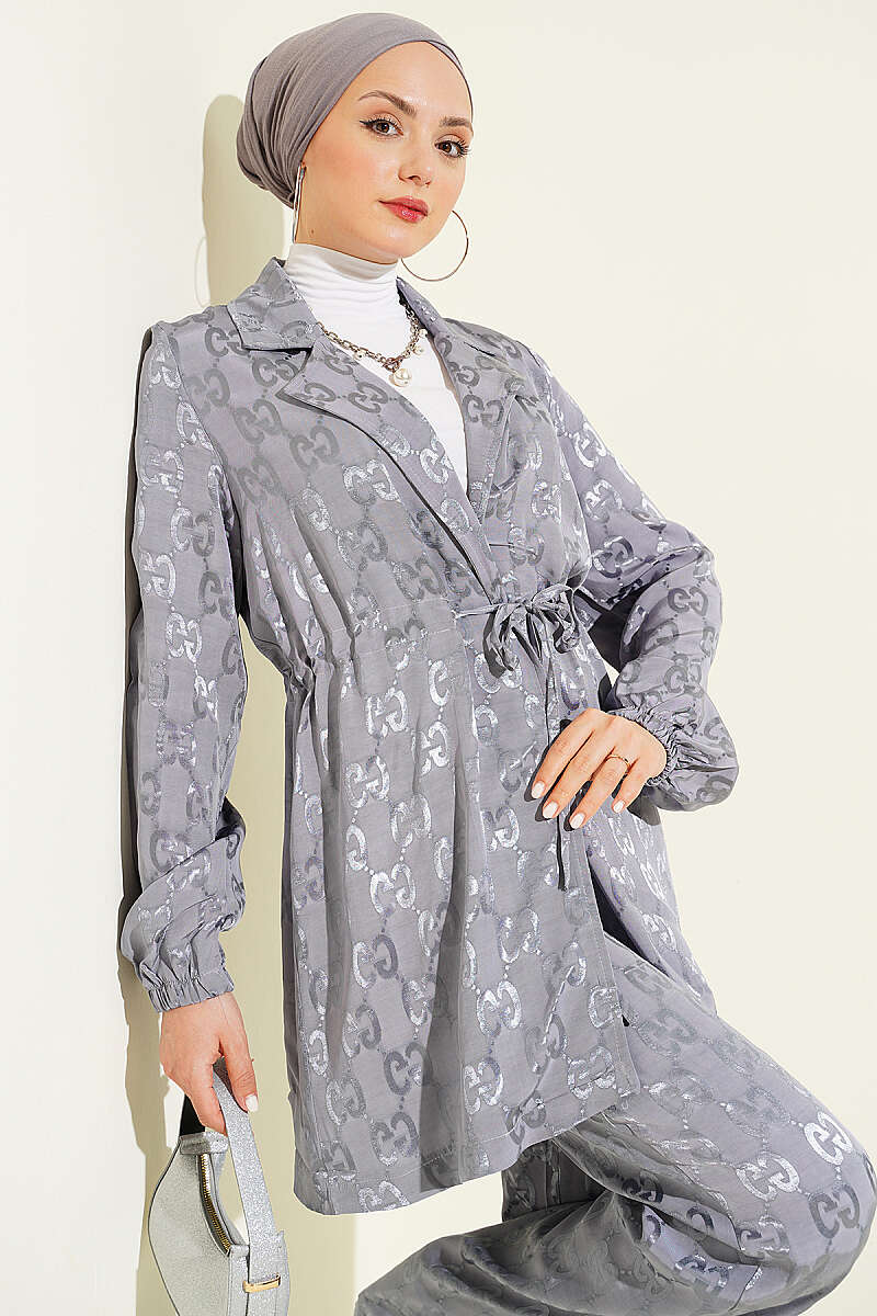 Belted Jacquard Pattern Two-Piece Set Grey - Image 2