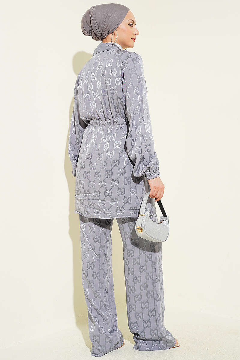 Belted Jacquard Pattern Two-Piece Set Grey - Image 3