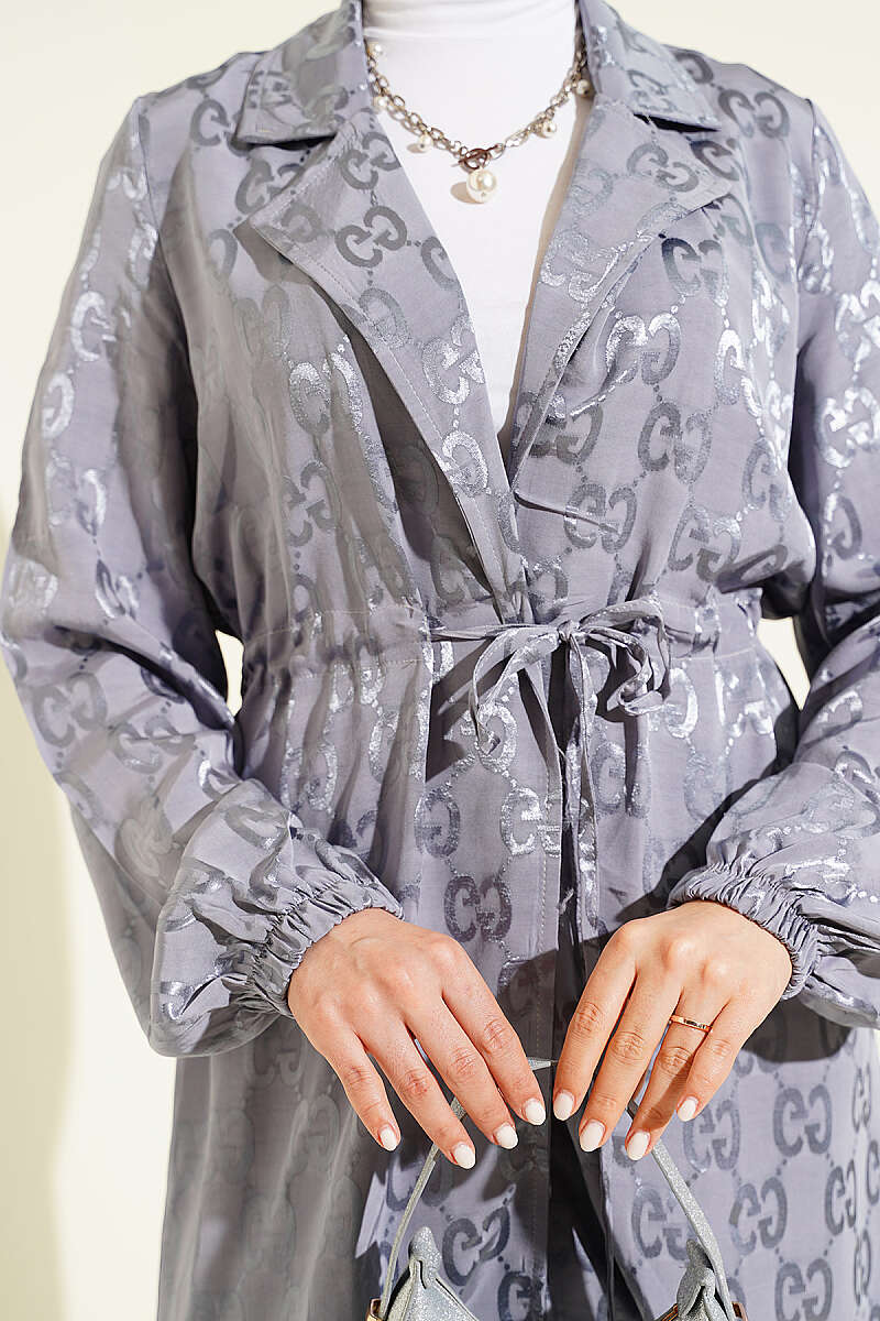 Belted Jacquard Pattern Two-Piece Set Grey - Image 4