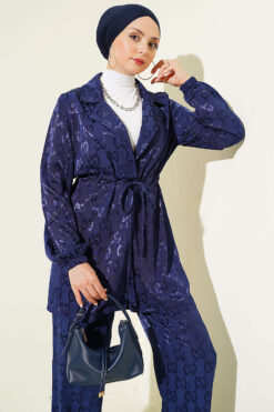 Alternative view of Belted Jacquard Pattern Two-Piece Set Navy Blue