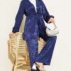 Belted Leopard Jacquard Two-Piece Set Navy Blue