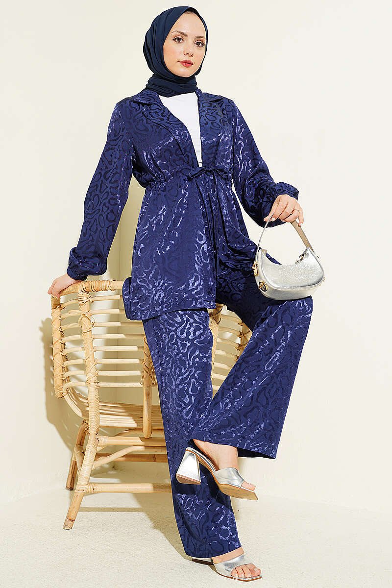 Belted Leopard Jacquard Two-Piece Set Navy Blue