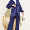 Belted Leopard Jacquard Two-Piece Set Navy Blue – Image 2