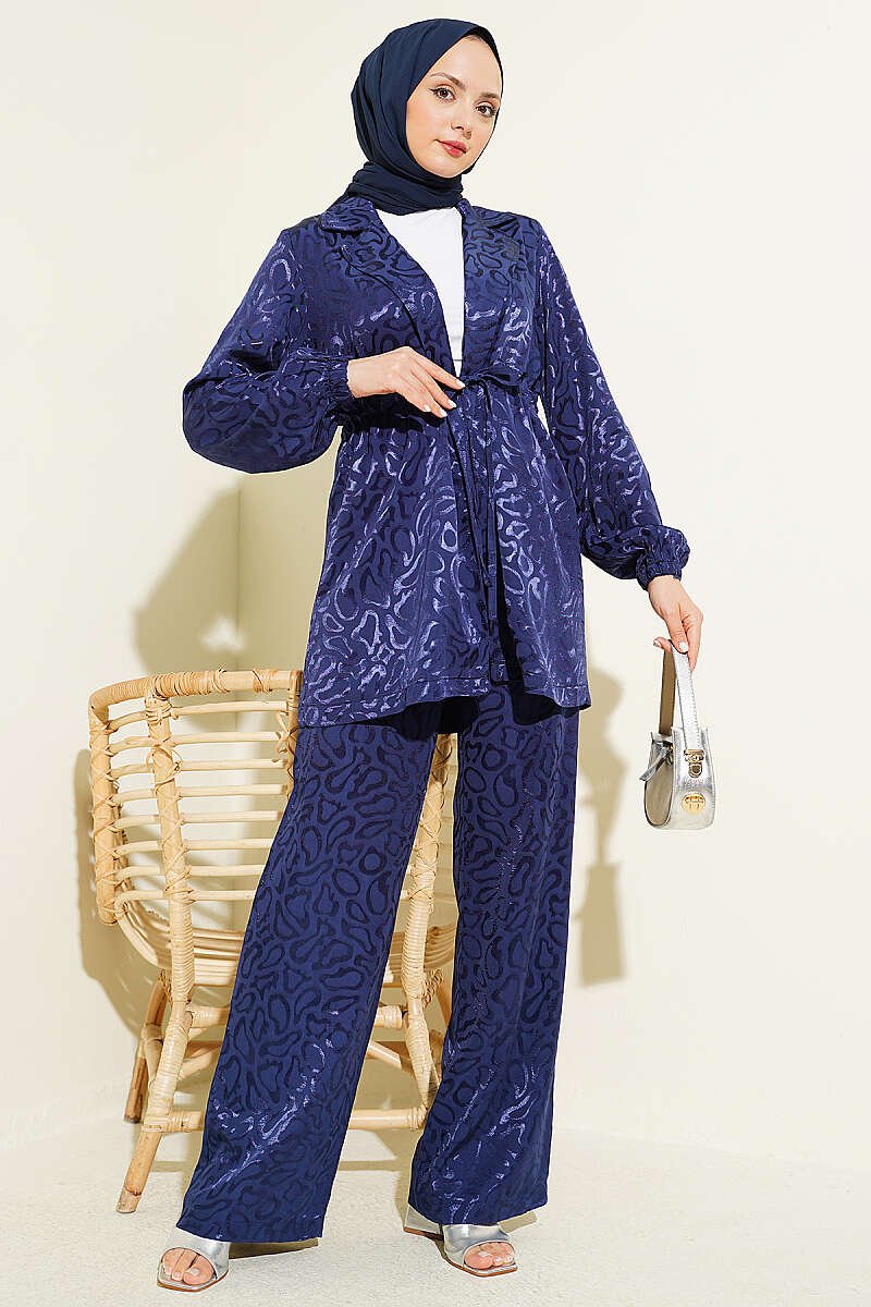 Belted Leopard Jacquard Two-Piece Set Navy Blue – Image 2