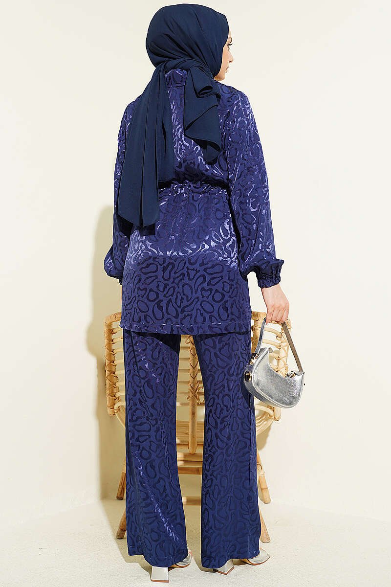 Belted Leopard Jacquard Two-Piece Set Navy Blue – Image 3