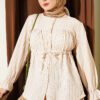 Belted Tunic with Tulle Neck and Gathered Detailing Beige