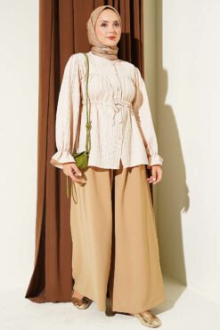 Alternative view of Belted Tunic with Tulle Neck and Gathered Detailing Beige