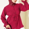 Belted Tunic with Tulle Neck and Gathered Detailing Burgundy