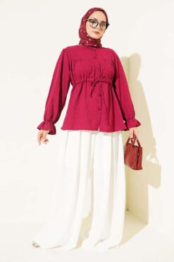 Alternative view of Belted Tunic with Tulle Neck and Gathered Detailing Burgundy