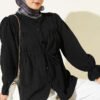 Belted Tunic with Tulle Neck and Gathered Detailing Black