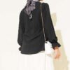 ⁦Belted Tunic with Tulle Neck and Gathered Detailing Black⁩ - الصورة ⁦3⁩