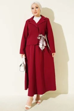 Belted Skirt Two-Piece Set Burgundy