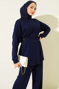 Alternative view of Belted Gold Buckle Tied Lounge Set Navy Blue