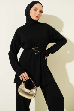 Alternative view of Belted Gold Buckle Tied Lounge Set Black