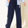 Elastic Waist Pocketed Tencel Trousers Navy Blue