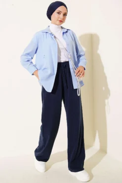 Alternatieve weergave van Elastic Waist Pocketed Tencel Trousers Navy Blue
