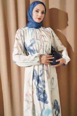 Alternative view of Digital Satin Dress with Elastic Waistband Blue