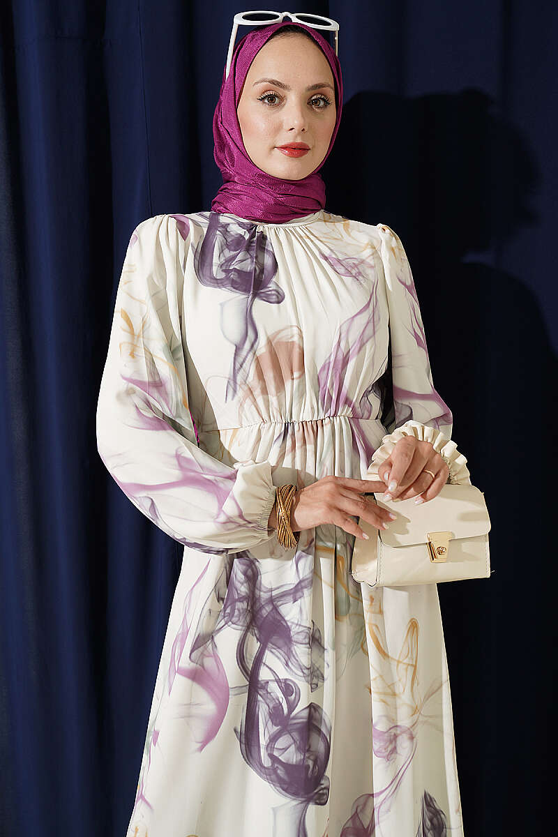 Digital Satin Dress with Elastic Waistband Purple - Image 2
