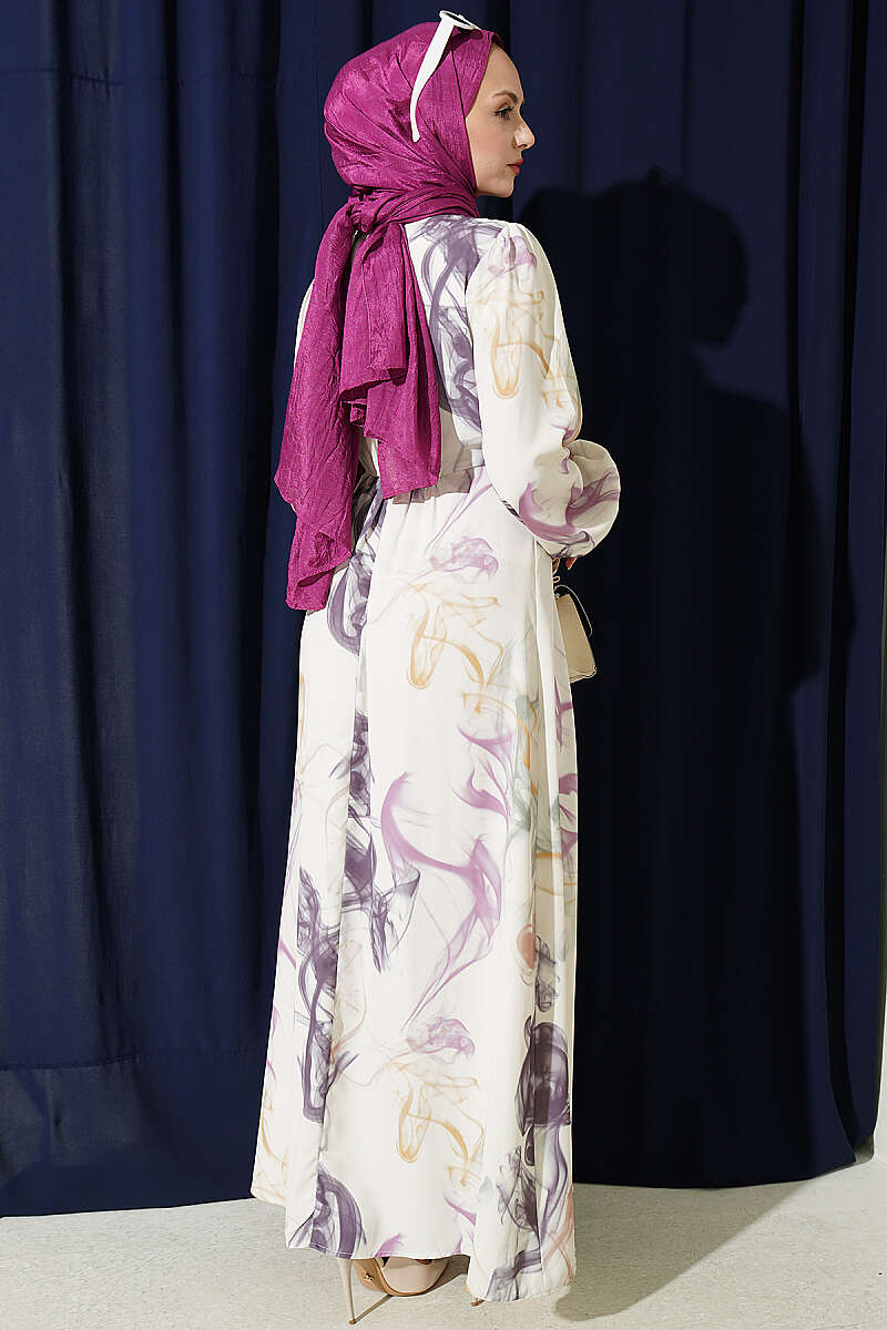 Digital Satin Dress with Elastic Waistband Purple - Image 3