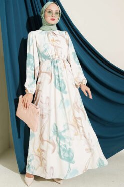 Digital Satin Dress with Elastic Waistband Green