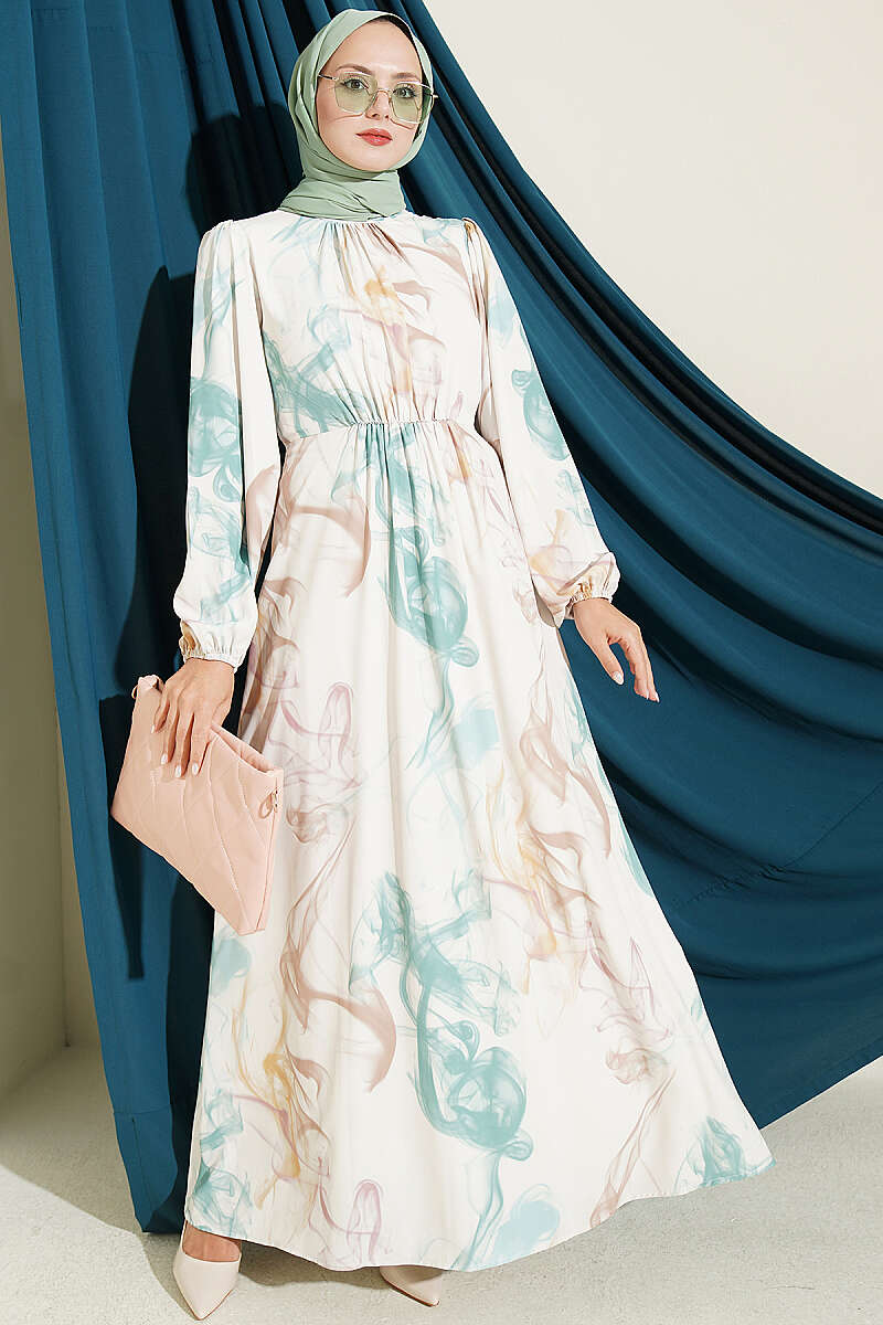 Digital Satin Dress with Elastic Waistband Green