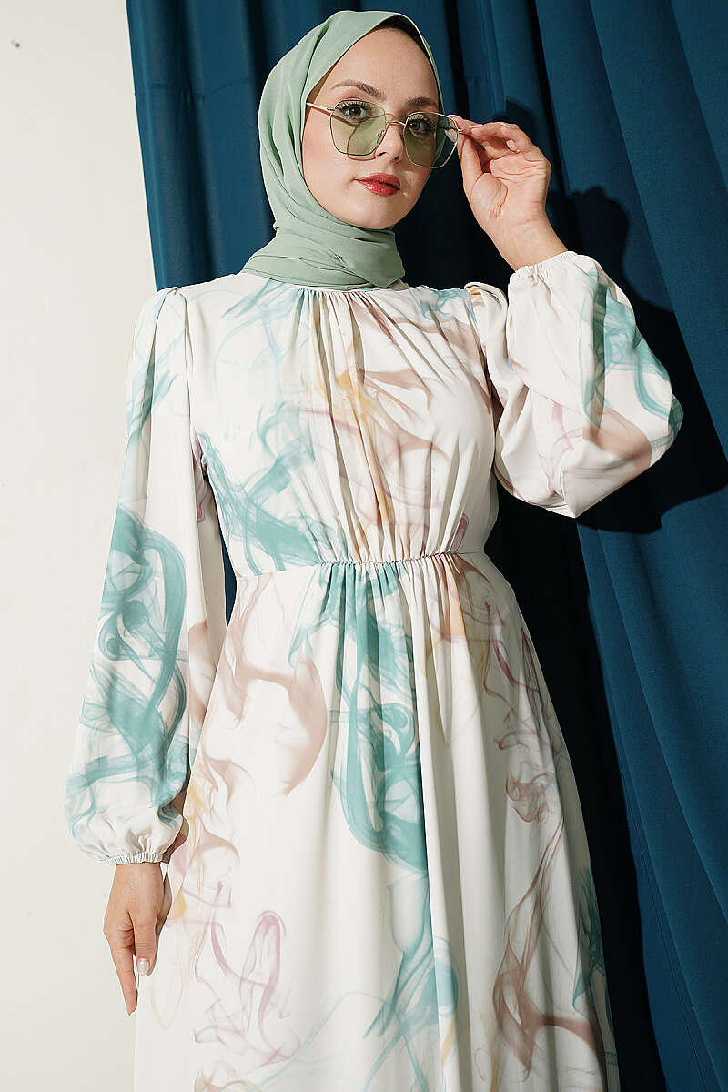 Digital Satin Dress with Elastic Waistband Green – Bild 2