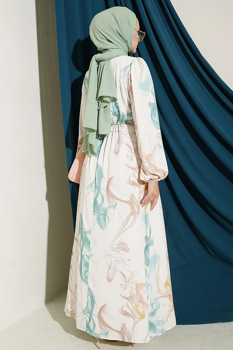 Digital Satin Dress with Elastic Waistband Green – Bild 3