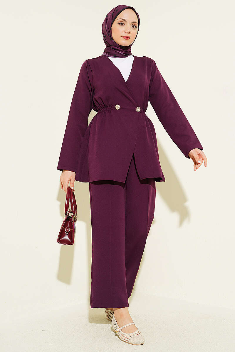 Elastic Waist Buttoned Double Set Plum