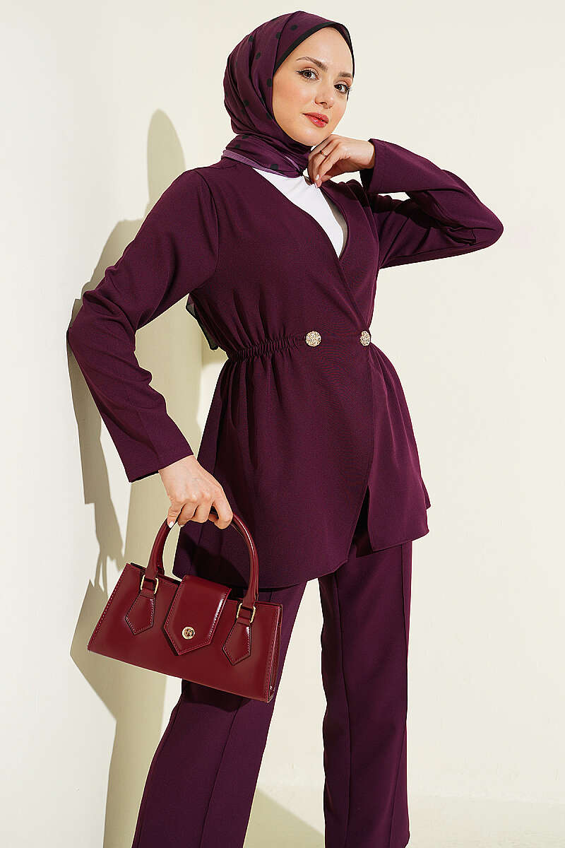Elastic Waist Buttoned Double Set Plum - Imagen 2