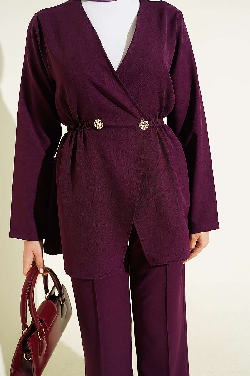 Elastic Waist Buttoned Double Set Plum - Imagen 4