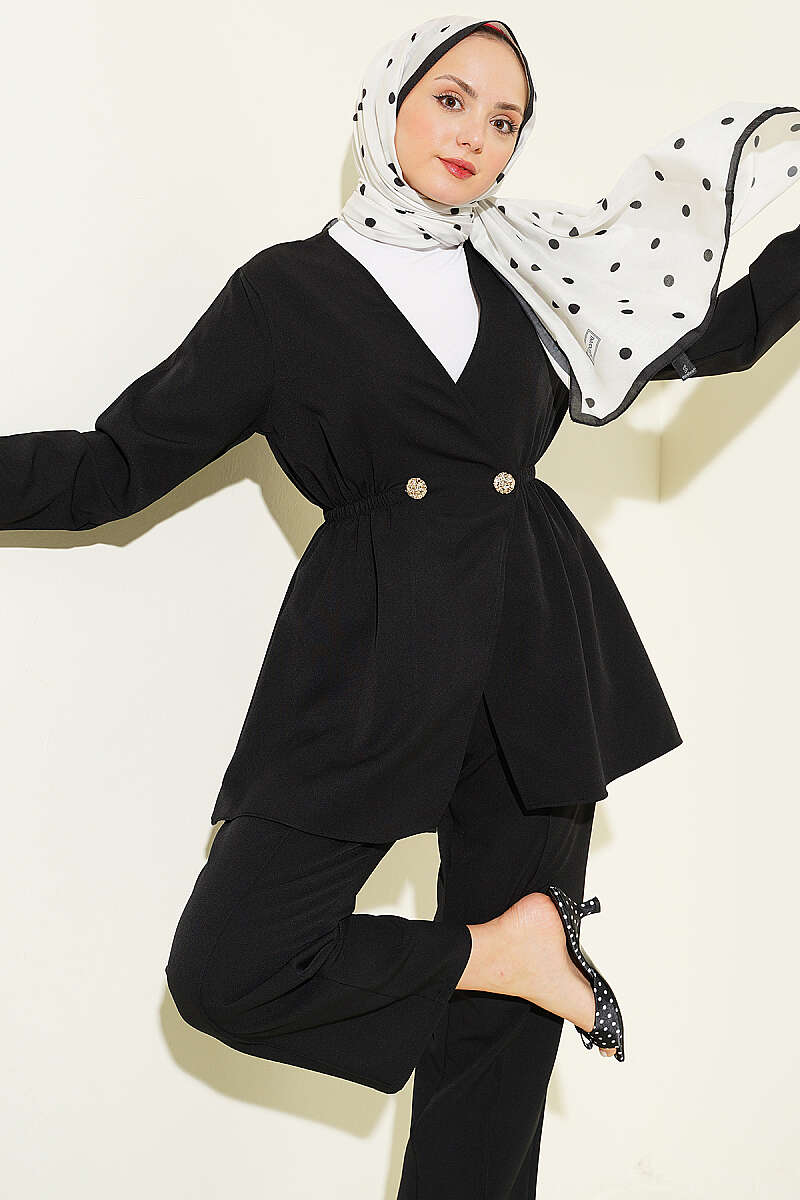 Elastic Waist Buttoned Double Set Black