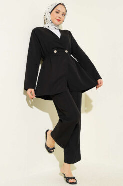 Alternative view of Elastic Waist Buttoned Double Set Black