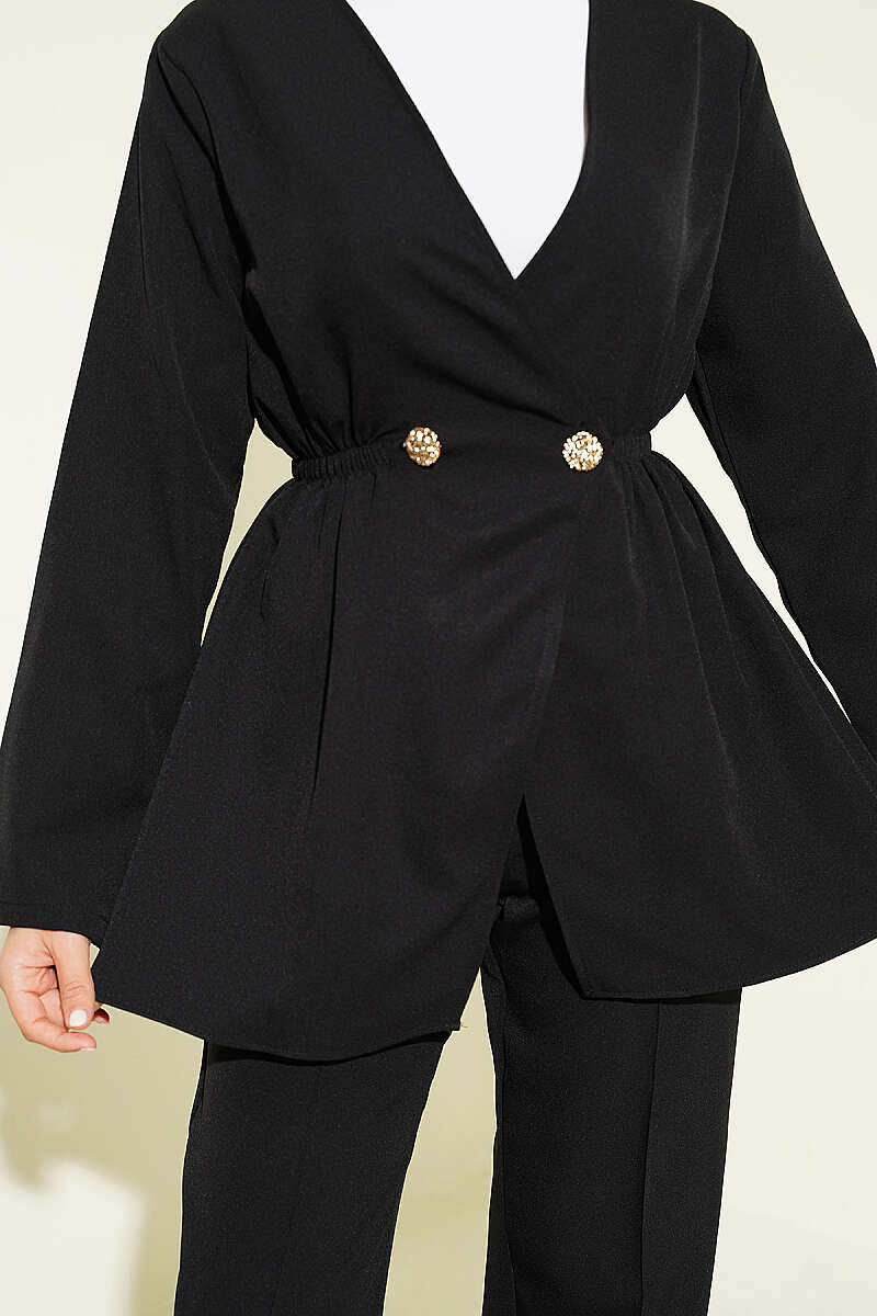Elastic Waist Buttoned Double Set Black - Image 4