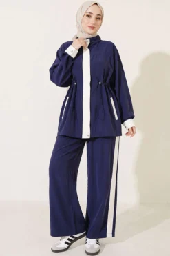Elastic Waist Tencel Two-Piece Set Navy Blue